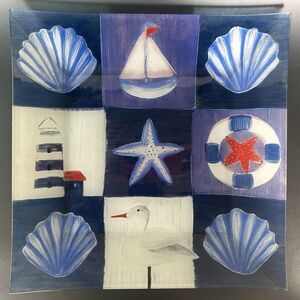 Vintage hand painted oversized glass dish nautical coastal serving tray 12''